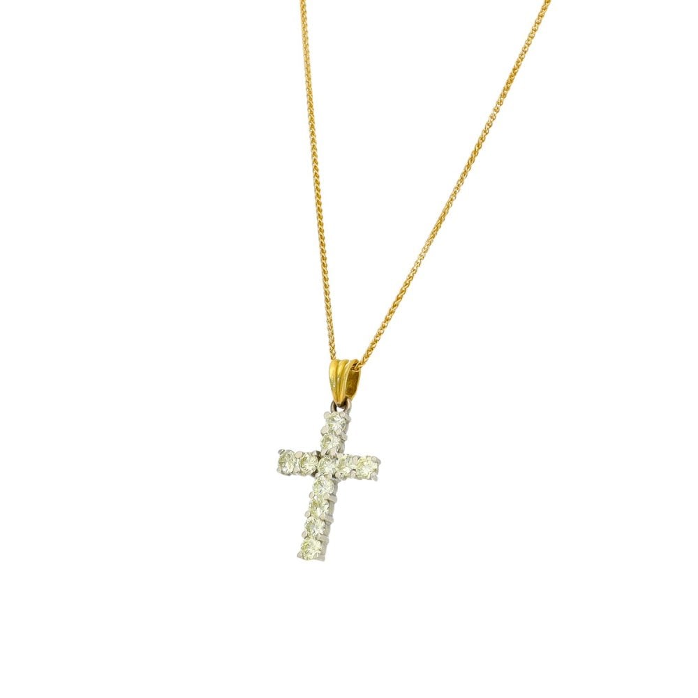 Ladies 18ct Yellow Gold Diamond Cross Pendant & Necklace - 18"