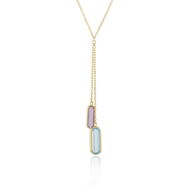 9ct Yellow Gold Amethyst & Aquamarine Necklace - 18" - 2.2g