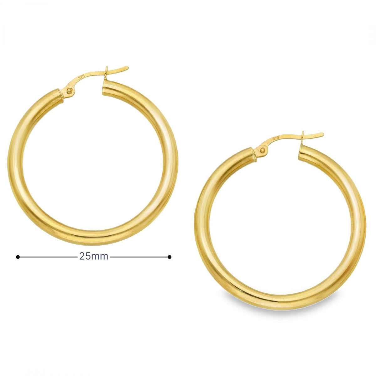 9ct Yellow Gold Large Hoop Earrings - 25 x 25mm - 2.0g