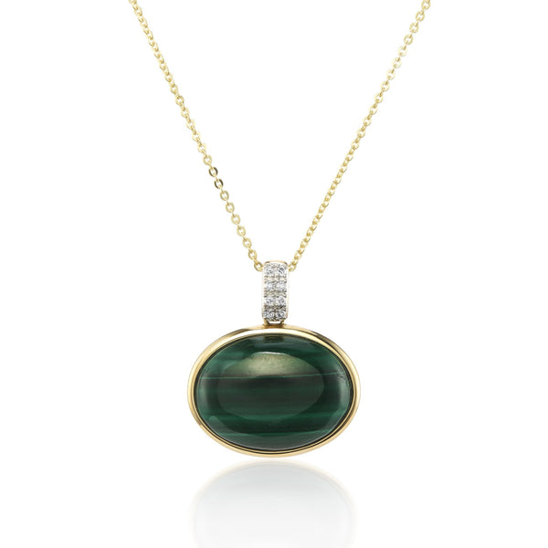 9ct Yellow Gold Oval Malachite and Diamond Necklace - 16/18"