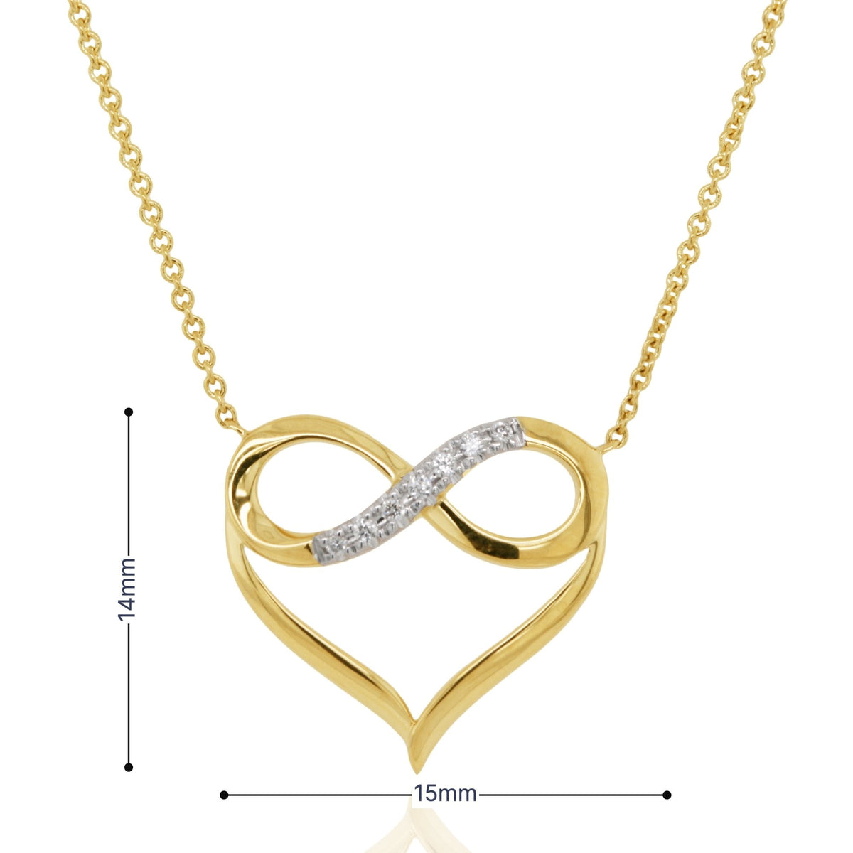 9ct Yellow Gold Diamond Infinity Heart Necklace - 16/18" - 1.9g