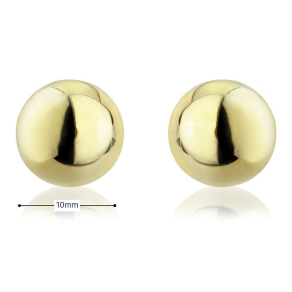 9ct Yellow Gold Large Ball Stud Earrings - 10mm x 10mm - 0.9g
