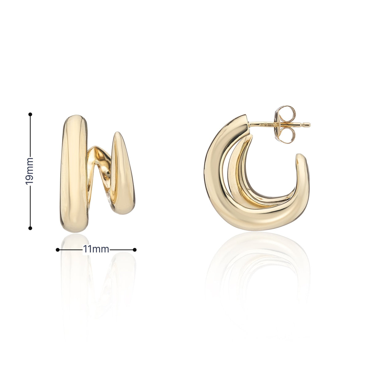 9ct Yellow Gold Double Curve Earrings - 11mm x 19mm - 6.9g