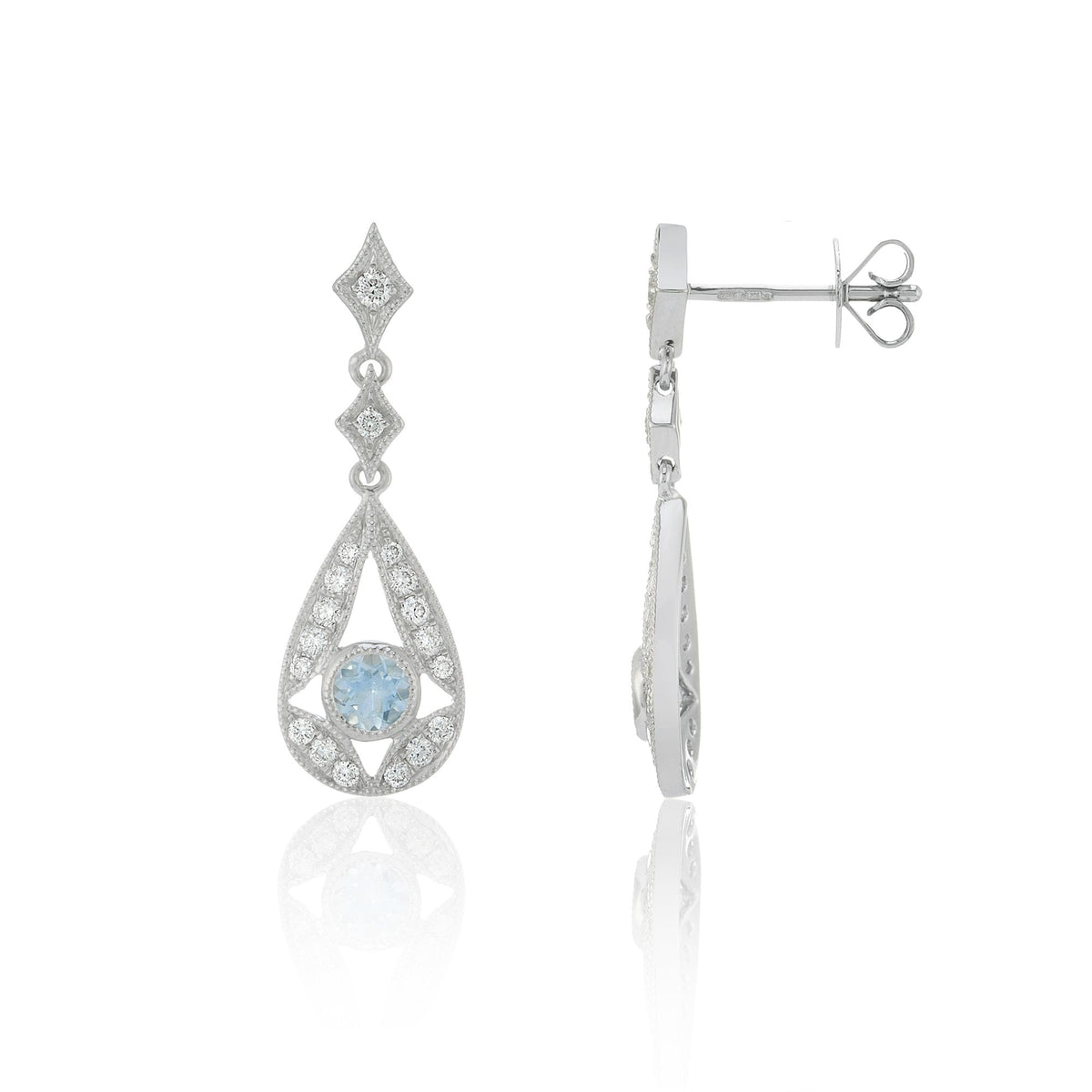 9ct White Gold Oval Aquamarine & Diamond Drop Earrings - 0.32ct