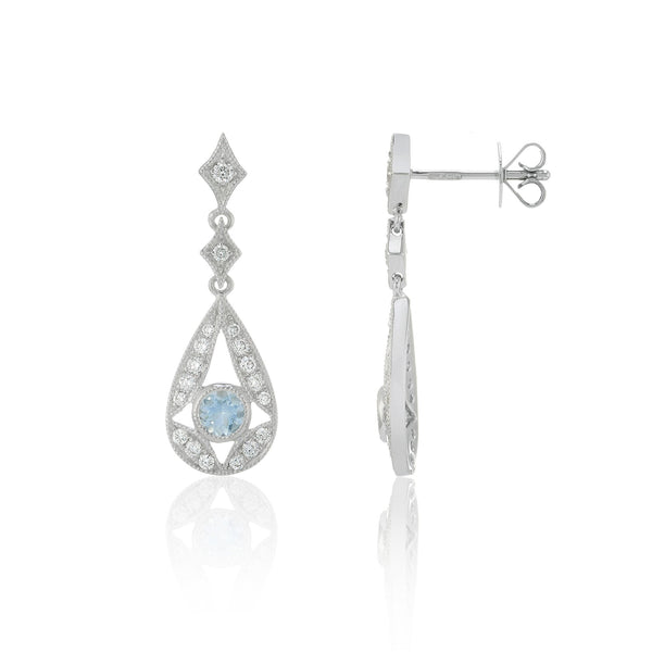 9ct White Gold Oval Aquamarine & Diamond Drop Earrings - 0.32ct