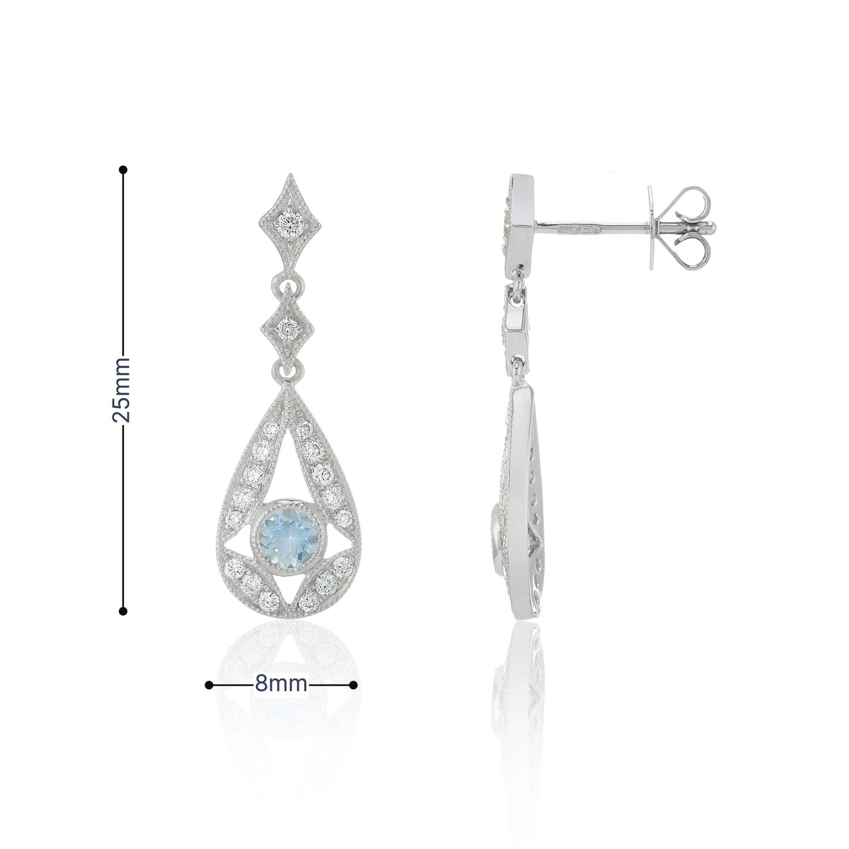 9ct White Gold Oval Aquamarine & Diamond Drop Earrings - 0.32ct