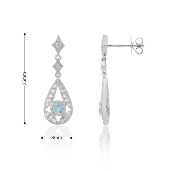 9ct White Gold Oval Aquamarine & Diamond Drop Earrings - 0.32ct