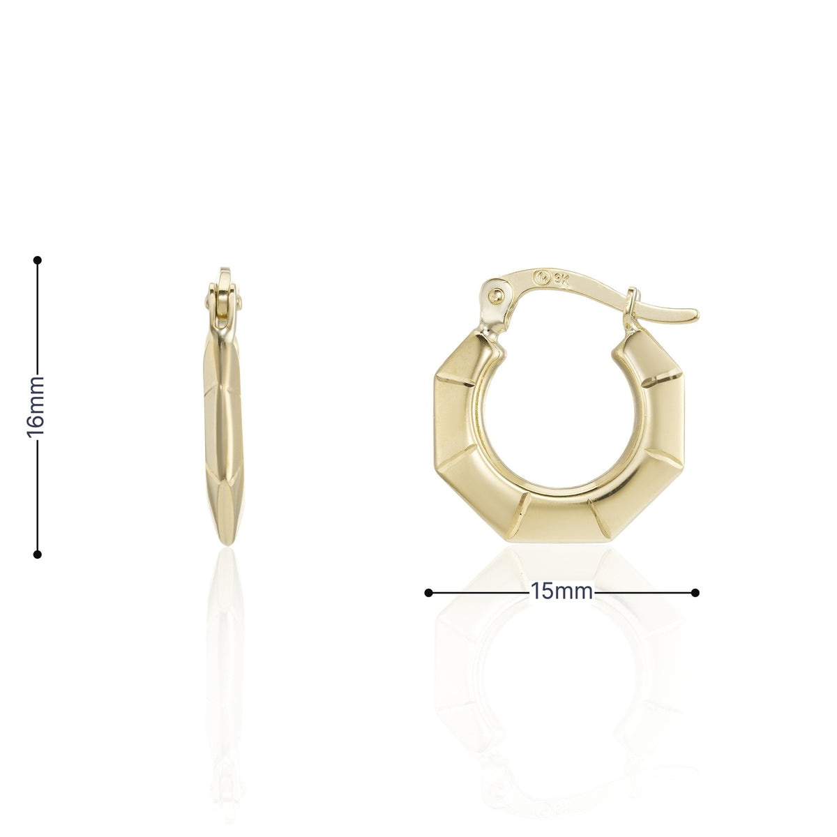 9ct Yellow Gold Small Faceted Creole Earrings - 15mm x 16mm