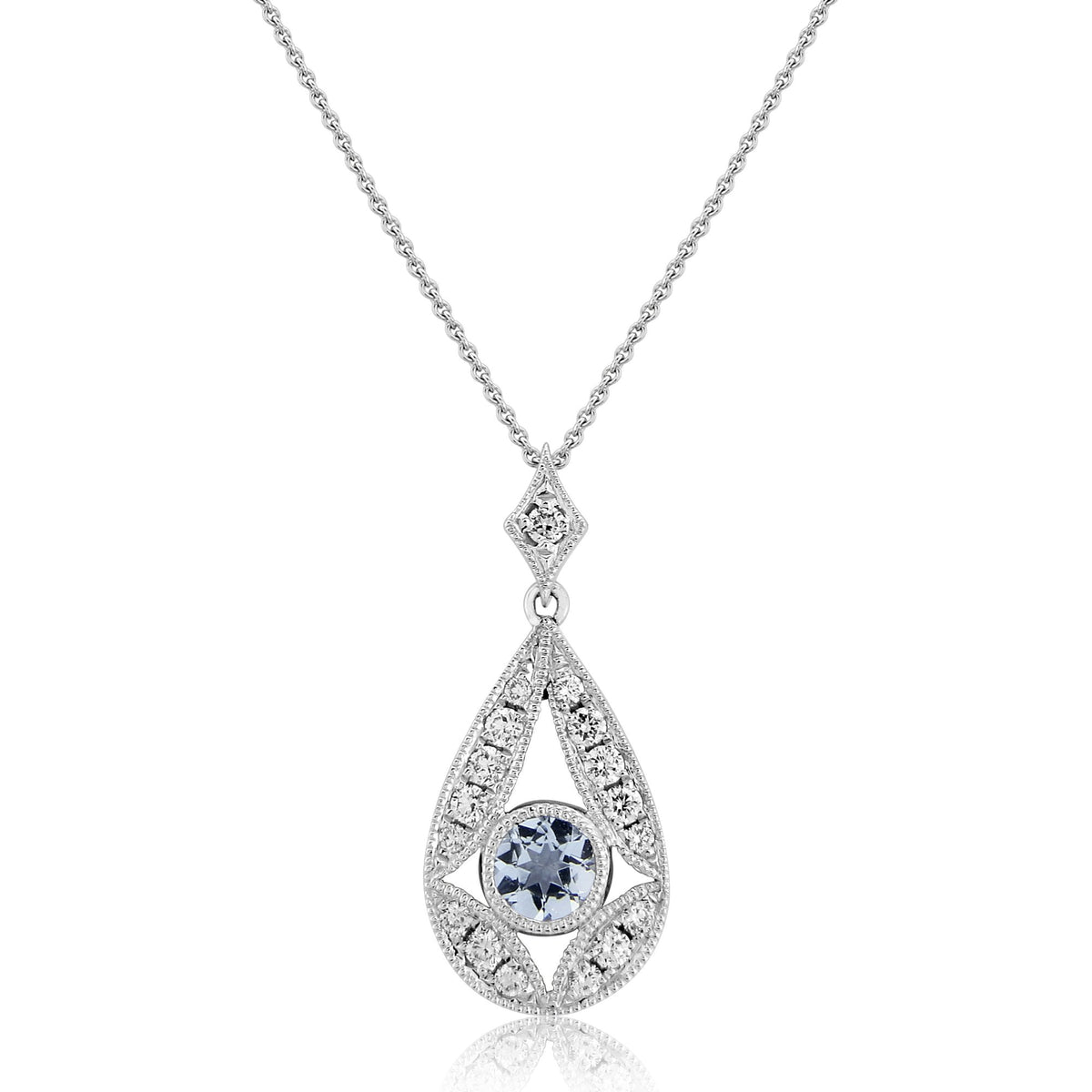 9ct White Gold Aquamarine & Diamond Pendant & Necklace - 16/18"