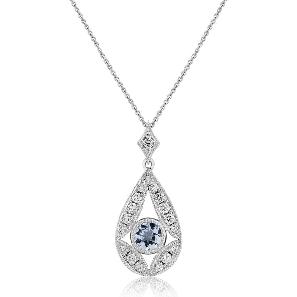 9ct White Gold Aquamarine & Diamond Pendant & Necklace - 16/18"