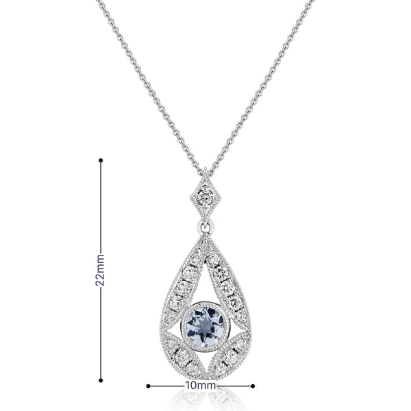 9ct White Gold Aquamarine & Diamond Pendant & Necklace - 16/18"