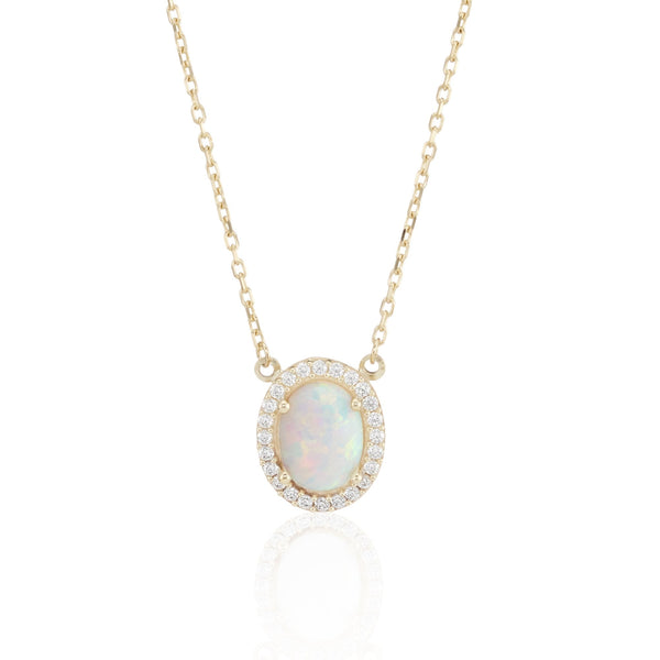 9ct Yellow Gold Cubic Zirconia & Opal Pendant & Necklace - 18"