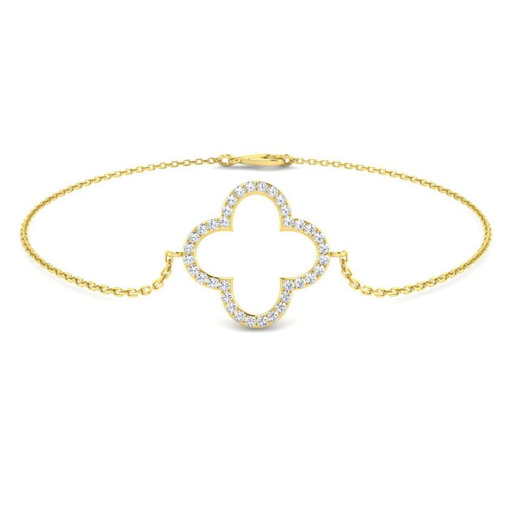 9ct Yellow Gold Diamond Open Clover Bracelet - 7.5" - 0.18ct