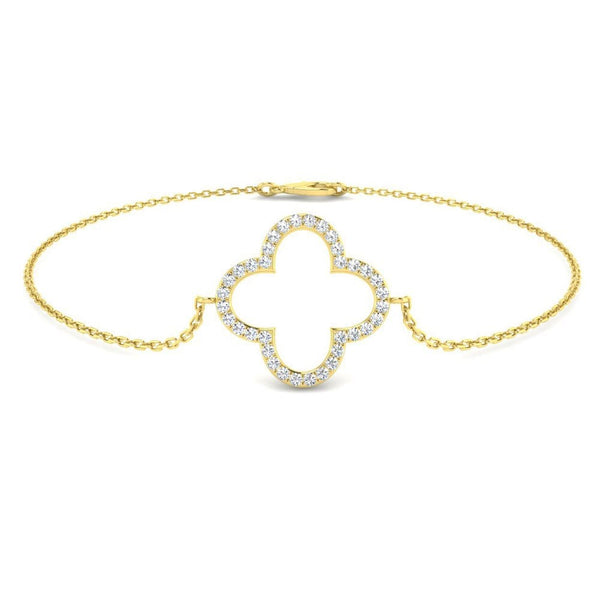 9ct Yellow Gold Diamond Open Clover Bracelet - 7.5" - 0.18ct
