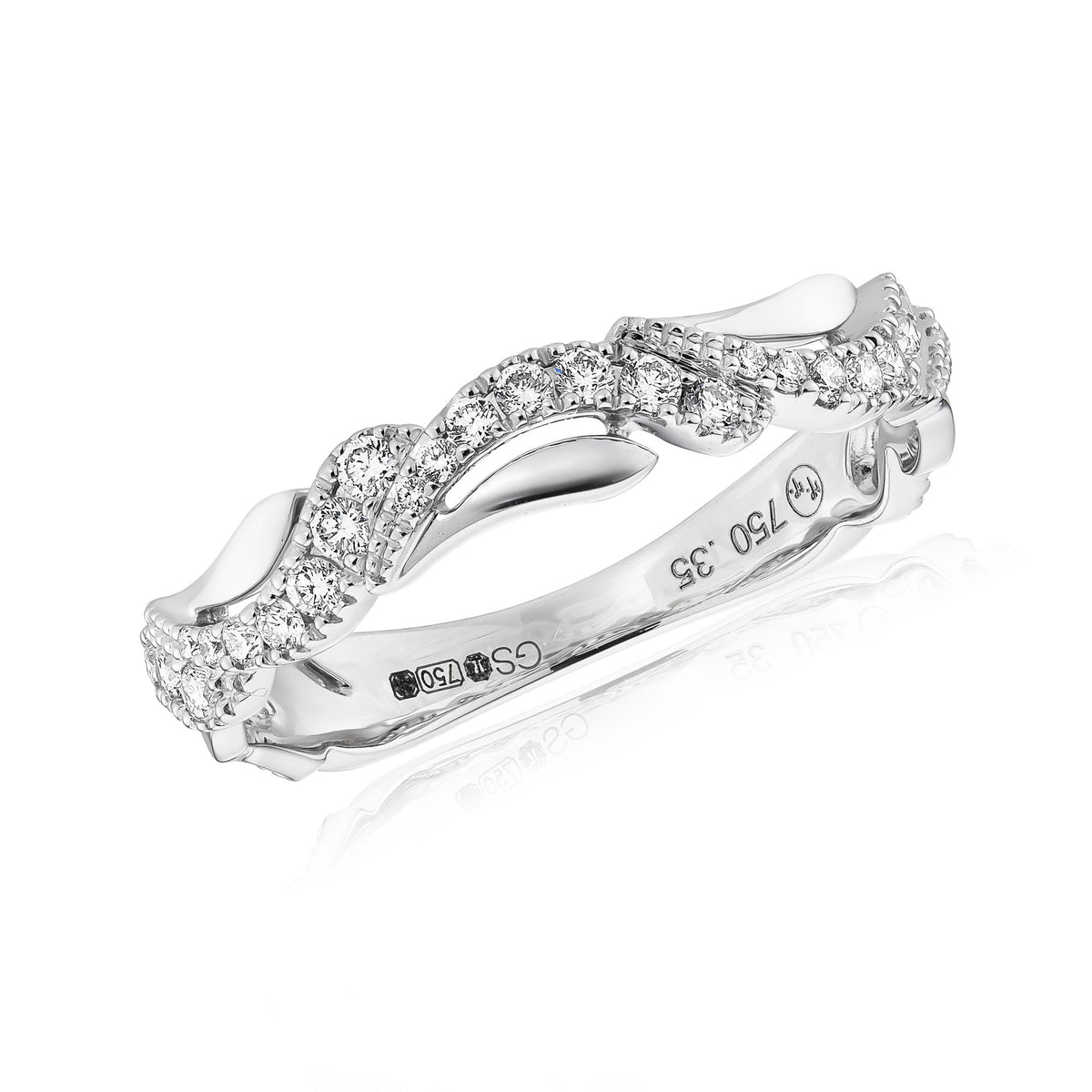18ct White Gold Diamond Leaf Band - Size M - 0.35ct