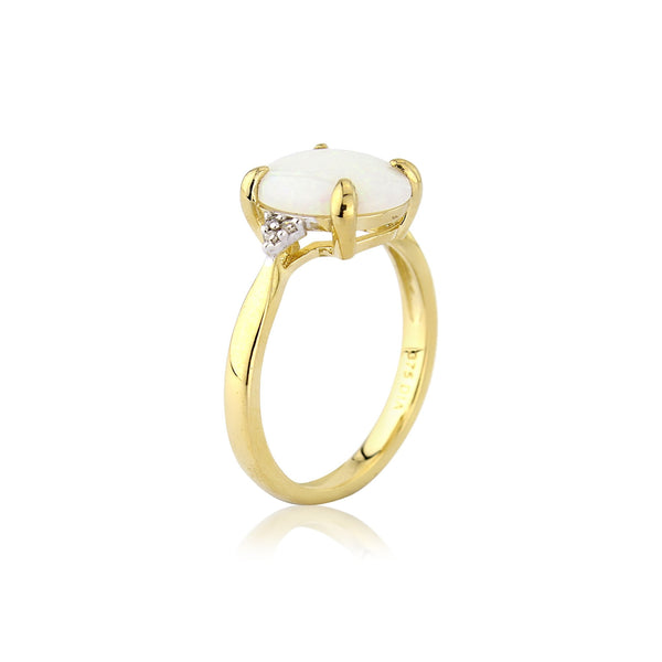 9ct Yellow Gold Oval Opal & Diamond Ring - Size M