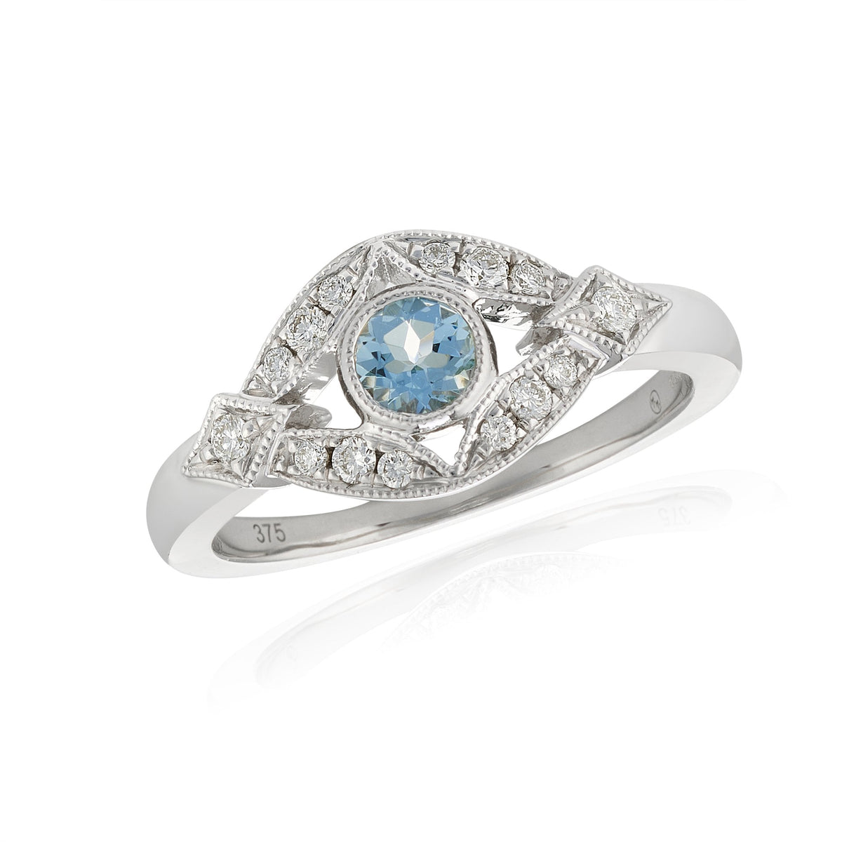9ct White Gold Aquamarine & Diamond Eye Ring - Size M - 0.16ct