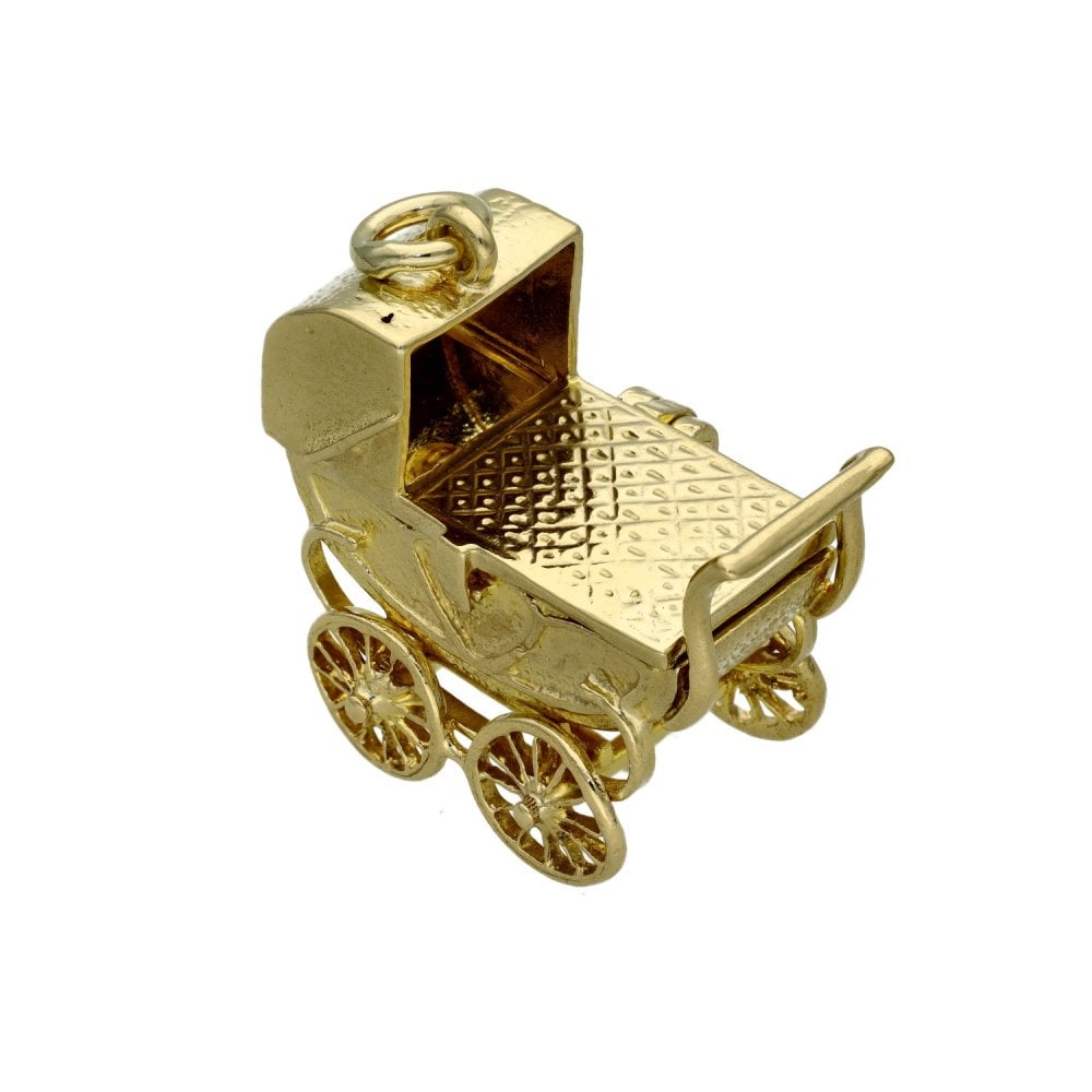 9ct Yellow Gold Large Pram Charm - 26x25mm - 13.2g