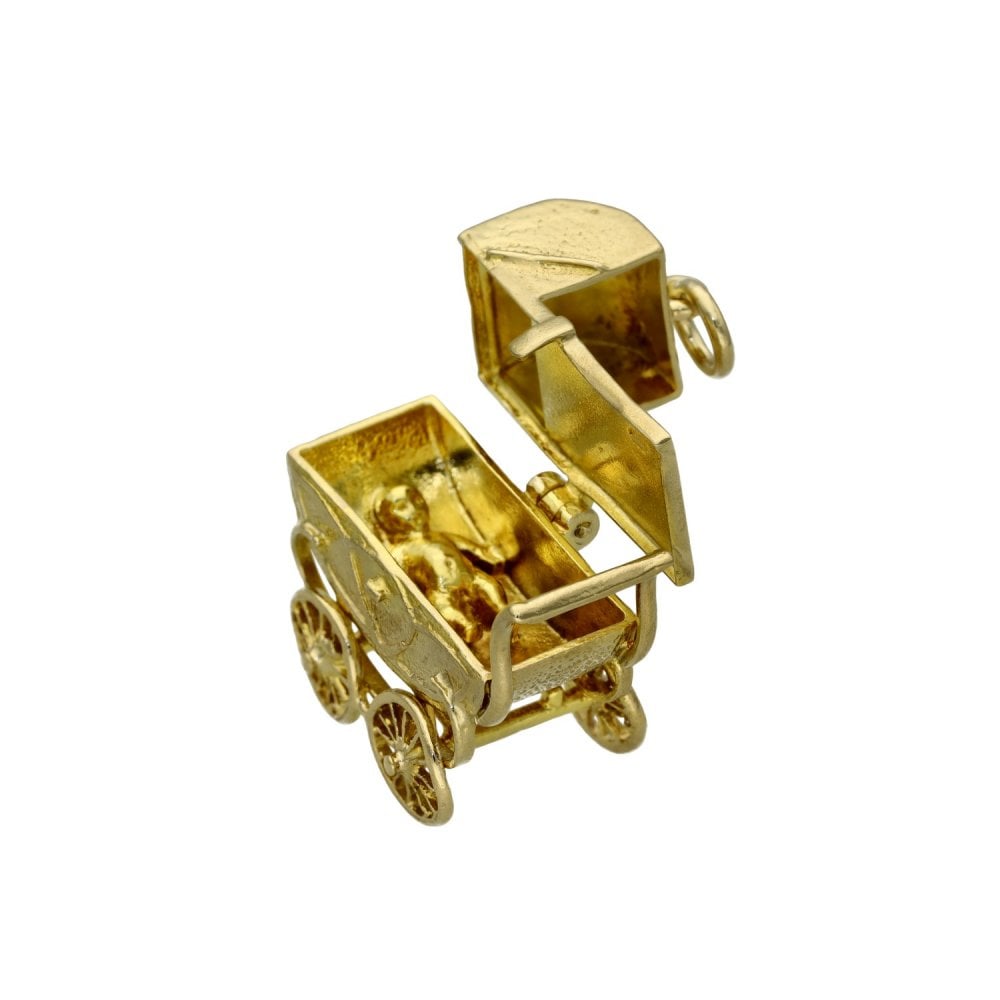 9ct Yellow Gold Large Pram Charm - 26x25mm - 13.2g
