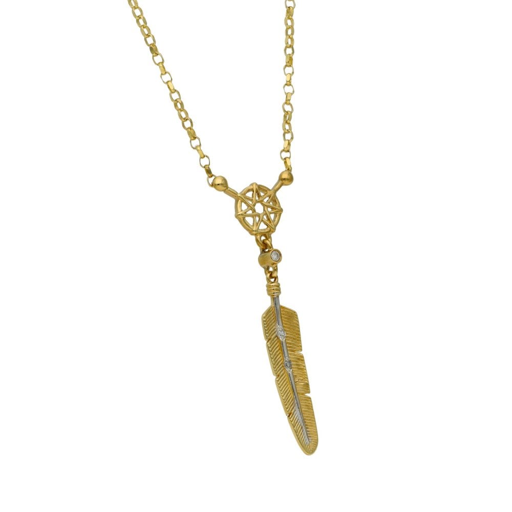 9ct Yellow Gold Diamond Dream Catcher Feather Pendant & Necklace