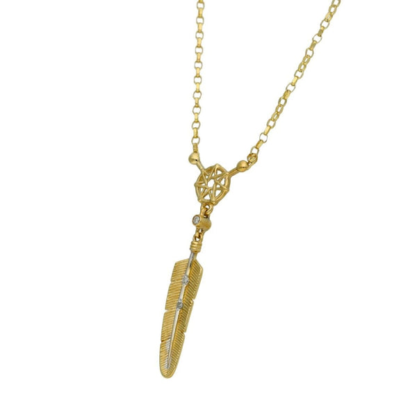 9ct Yellow Gold Diamond Dream Catcher Feather Pendant & Necklace