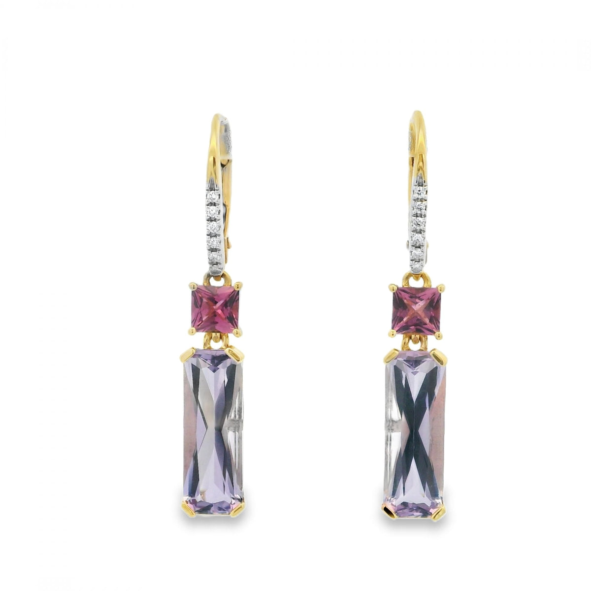 18ct Gold Amethyst & Pink Tourmaline & Diamond Drop Earrings