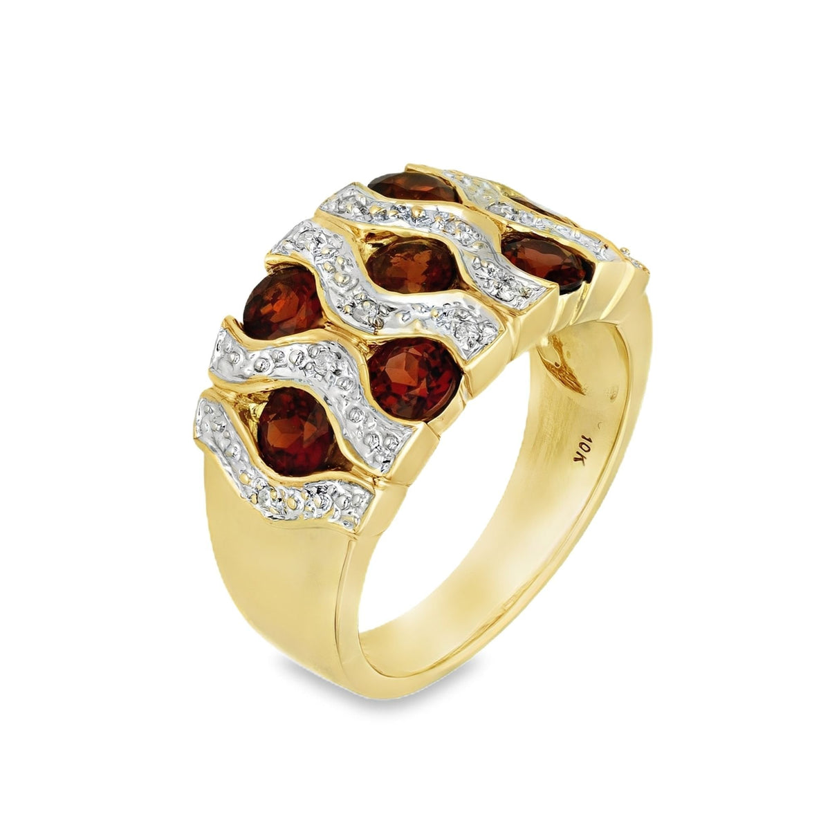 9ct Yellow Gold Garnet & Diamond Lattice Ring - Size N