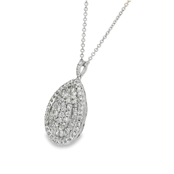 18ct White Gold Diamond Encrusted Pear Shape Pendant & Chain