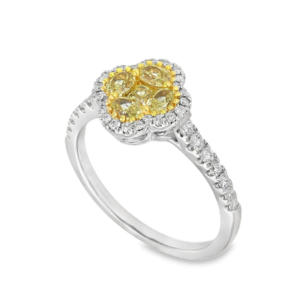 18ct White Gold Yellow Diamond & Diamond Flower Cluster Ring