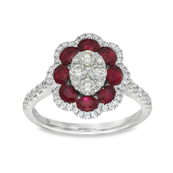 18ct White Gold Ruby & Diamond Petal Cluster Ring - 0.73ct