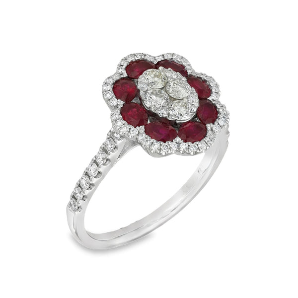 18ct White Gold Ruby & Diamond Petal Cluster Ring - 0.73ct