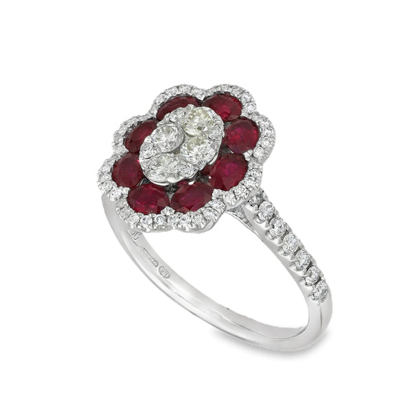 18ct White Gold Ruby & Diamond Petal Cluster Ring - 0.73ct