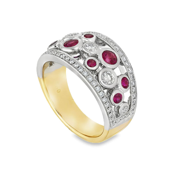 18ct Yellow & White Gold Pink Ruby & Diamond Bubble Ring