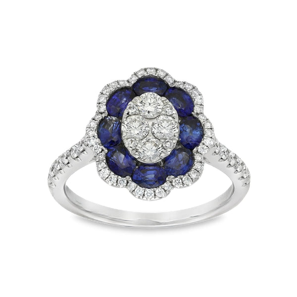 18ct White Gold Sapphire & Diamond Petal Cluster Ring - Size N