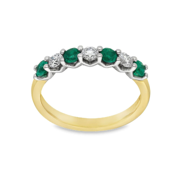 18ct Yellow Gold Emerald & Diamond Half-Eternity Ring - Size N