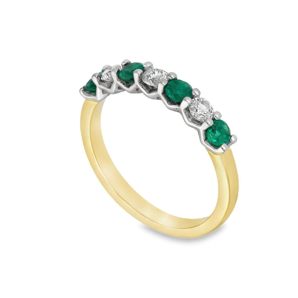 18ct Yellow Gold Emerald & Diamond Half-Eternity Ring - Size N