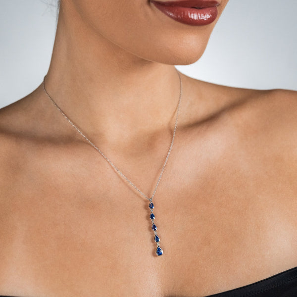 9ct White Gold Sapphire and Diamond Drop Necklace - 16/18"