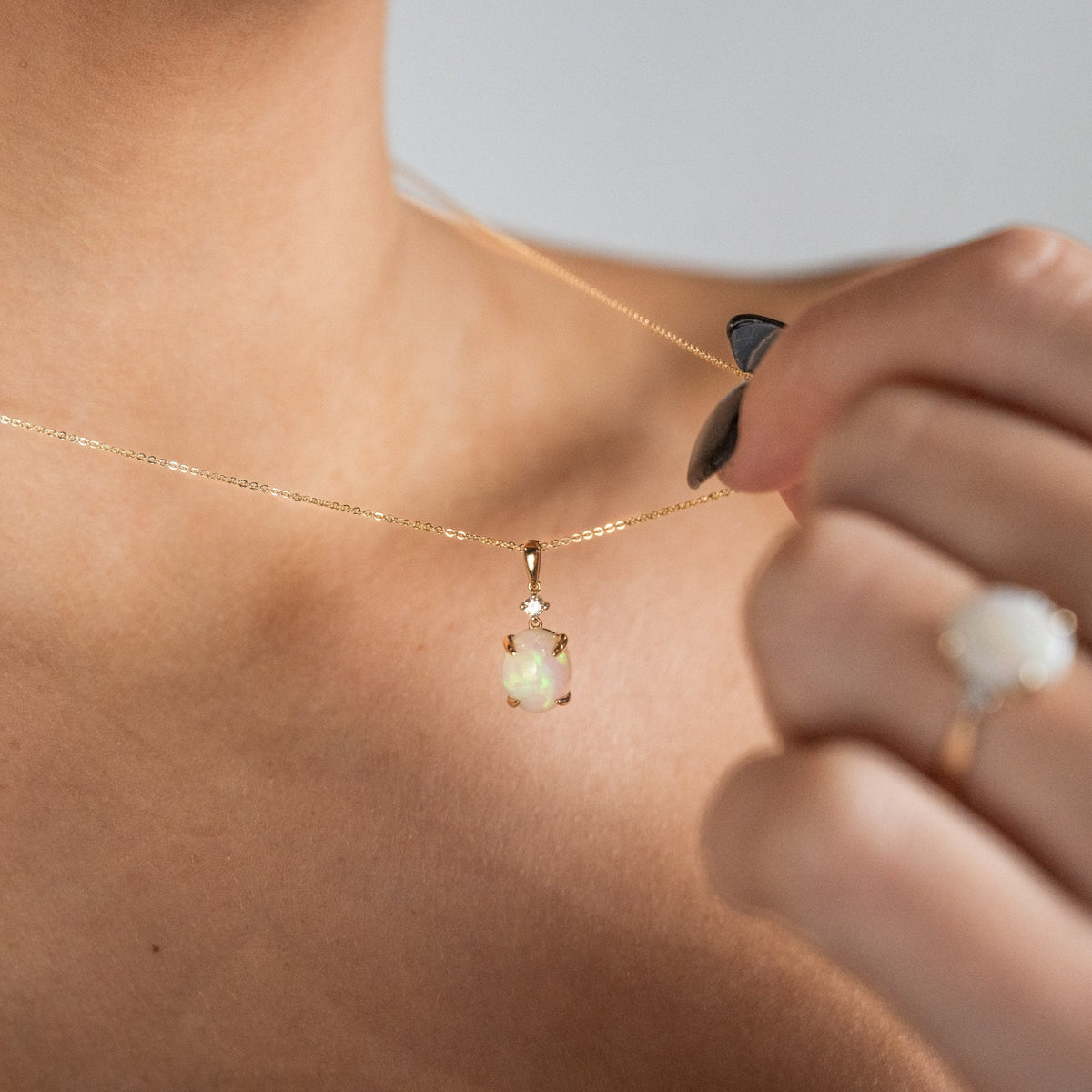 9ct Yellow Gold Opal & Diamond Drop Necklace - 16/18"