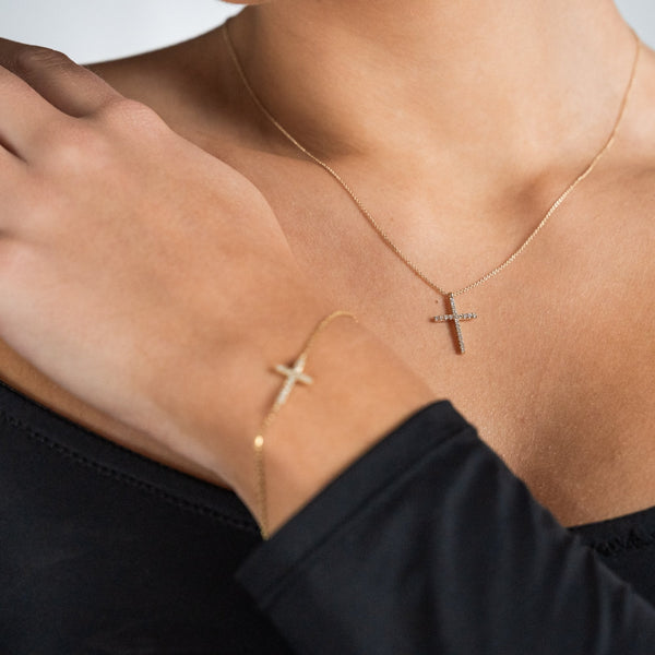 9ct Yellow Gold Diamond Cross Necklace - 16/18" - 1.8g