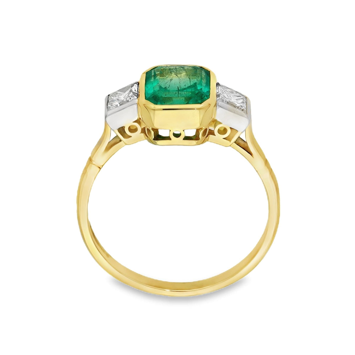 18ct Yellow Gold Emerald & Diamond Trilogy Ring - Size O½