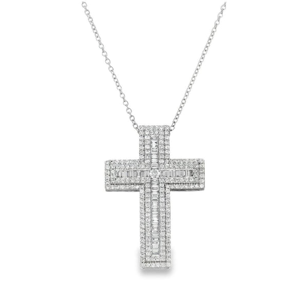 18ct White Gold Diamond Cross & Diamond Set Necklace - 2.82ct
