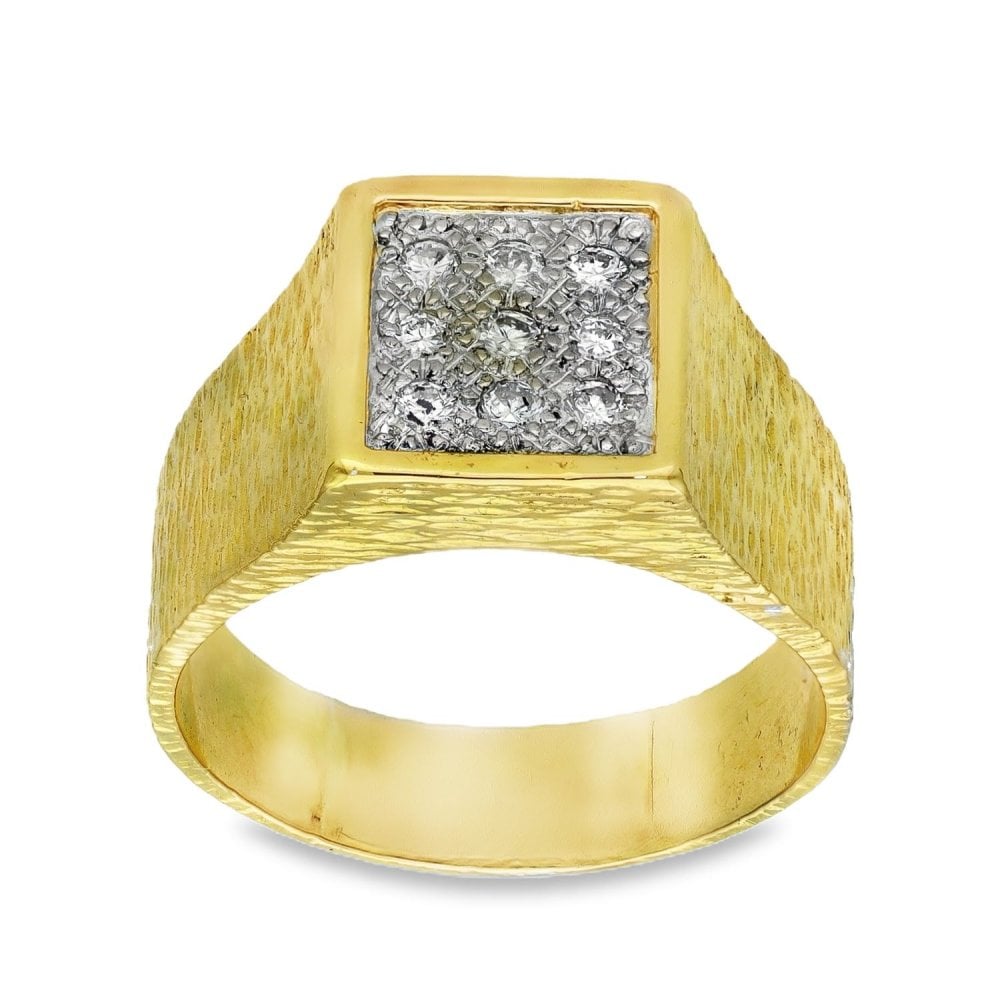 18ct Yellow Gold Diamond Set Square Signet Ring - Size S½