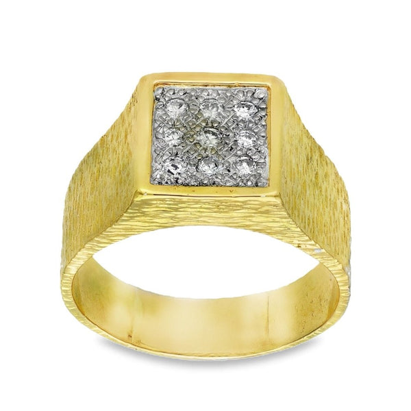 18ct Yellow Gold Diamond Set Square Signet Ring - Size S½