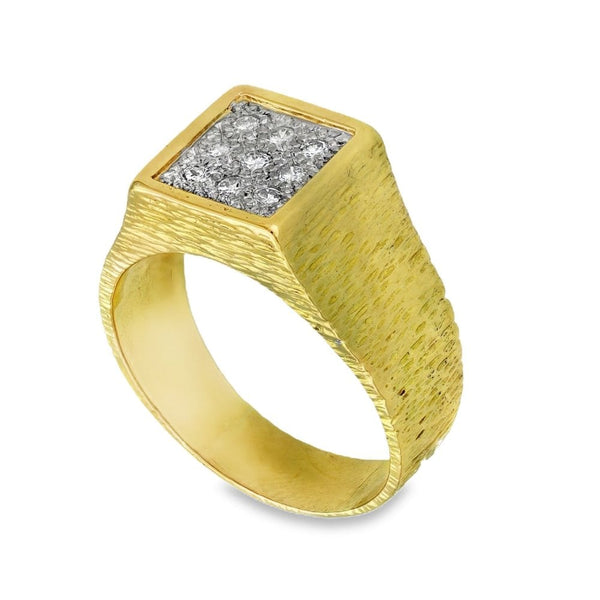 18ct Yellow Gold Diamond Set Square Signet Ring - Size S½