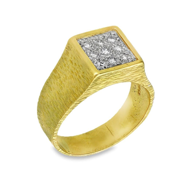 18ct Yellow Gold Diamond Set Square Signet Ring - Size S½
