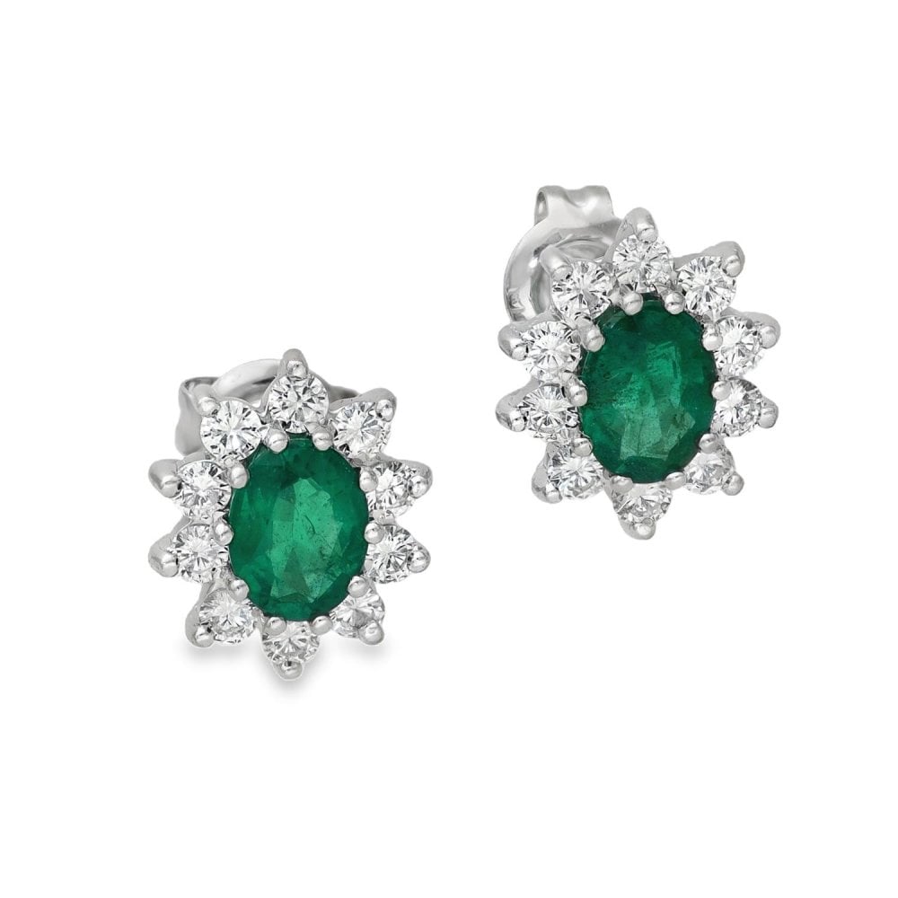 18ct White Gold Emerald & Diamond Cluster Earrings - 0.80ct