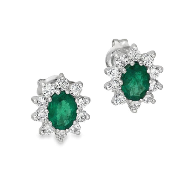 18ct White Gold Emerald & Diamond Cluster Earrings - 0.80ct