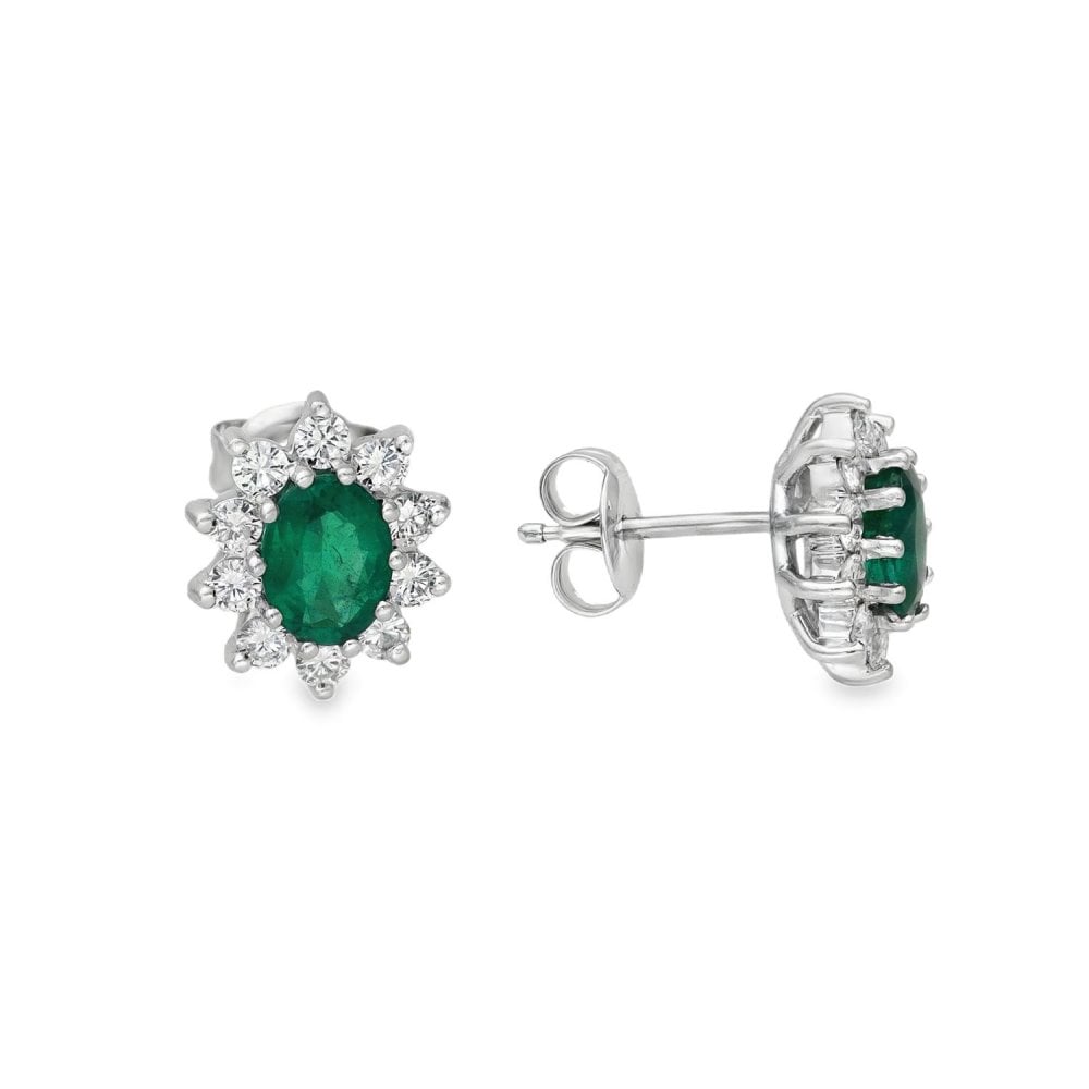 18ct White Gold Emerald & Diamond Cluster Earrings - 0.80ct
