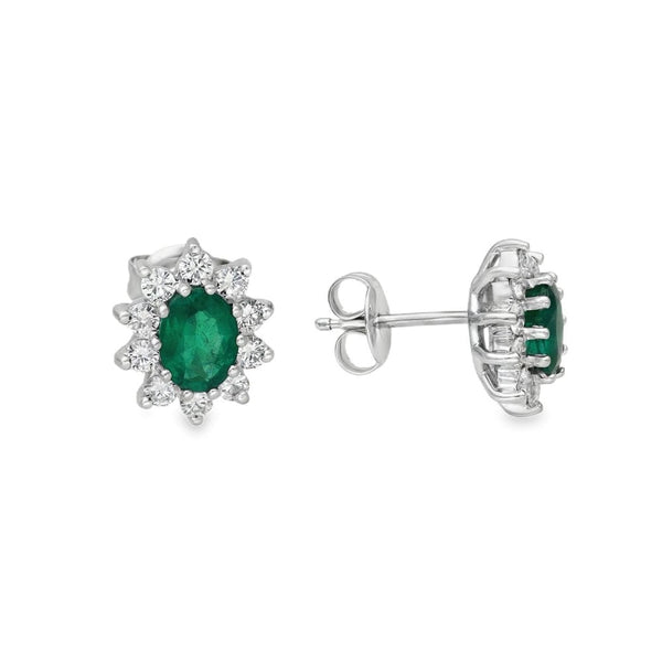 18ct White Gold Emerald & Diamond Cluster Earrings - 0.80ct