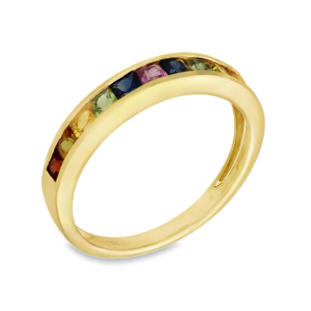 9ct Yellow Gold Multicoloured Gemstone Rainbow Ring - Size P